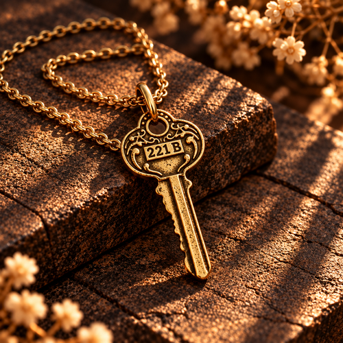 Gold 221B key pendant necklace on a textured surface