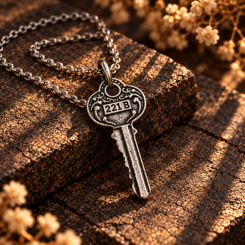 Silver 221B key pendant necklace with linked chain