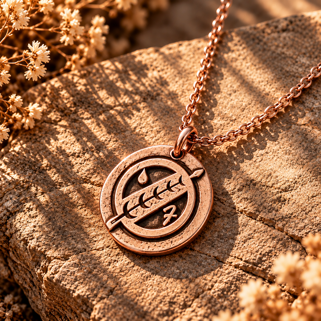 Rose-gold-tone Boba Fett crest medallion necklace on stone beside dried flowers.