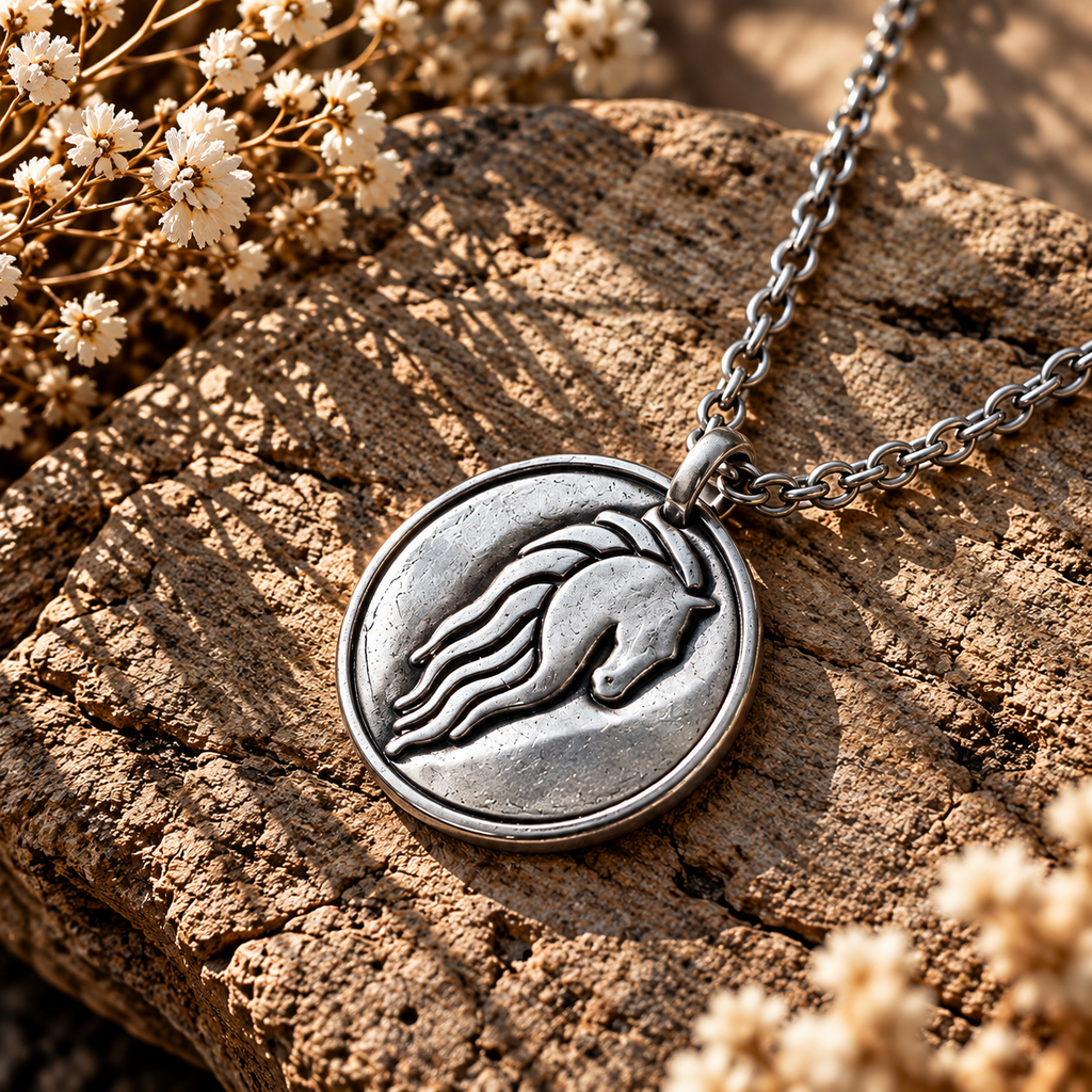 Silver-tone Riders of Rohan horse crest medallion necklace with a flowing mane motif on stone beside dried flowers.