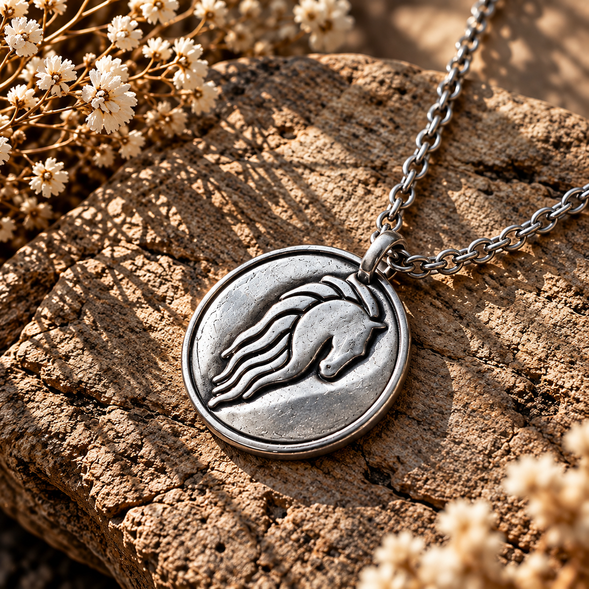 Silver-tone Riders of Rohan horse crest medallion necklace with a flowing mane motif on stone beside dried flowers.