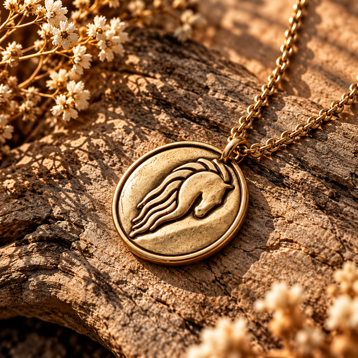 Gold-tone Riders of Rohan necklace showing a raised horse head and flowing mane within a circular border.