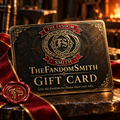 The FandomSmith gift card with gold circular emblem and ornate text on dark card