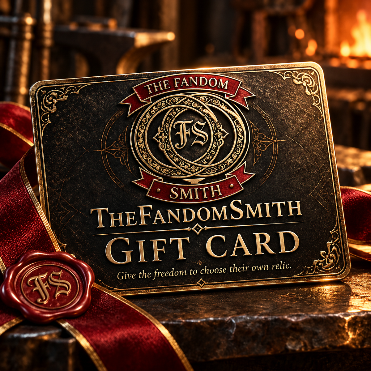 The FandomSmith gift card with gold circular emblem and ornate text on dark card