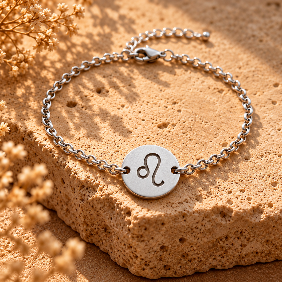 Silver chain Leo zodiac charm bracelet with round medallion