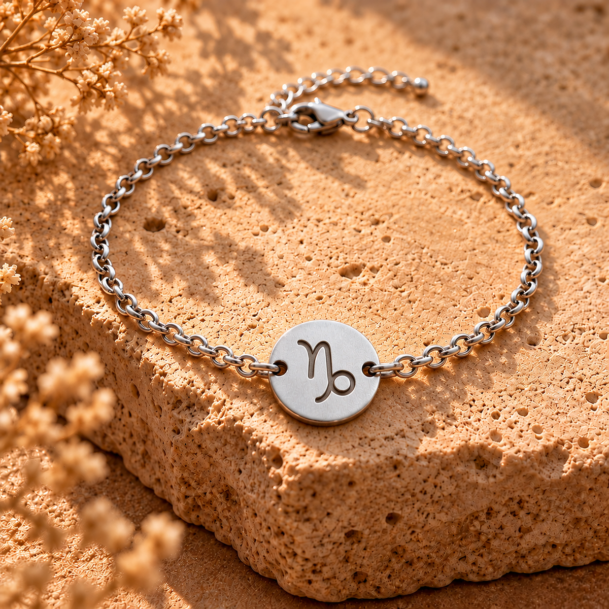 Silver chain bracelet with round Capricorn zodiac charm pendant