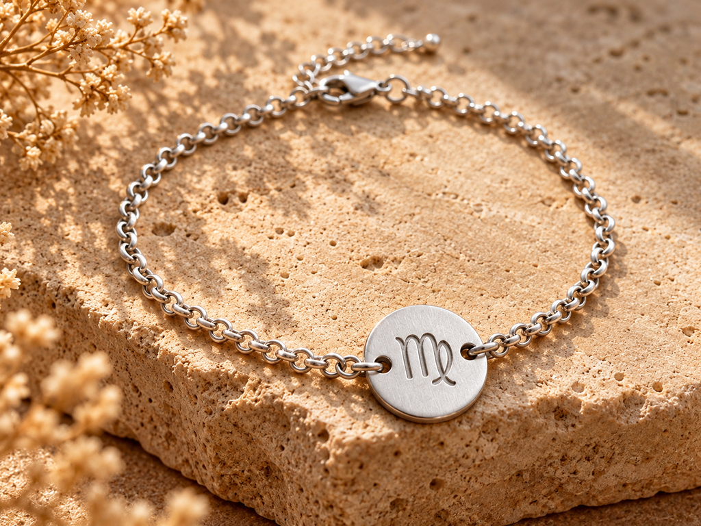 Virgo zodiac bracelet with Maiden symbol on a 925 sterling silver rolo chain, personalized birth date engraving on the back