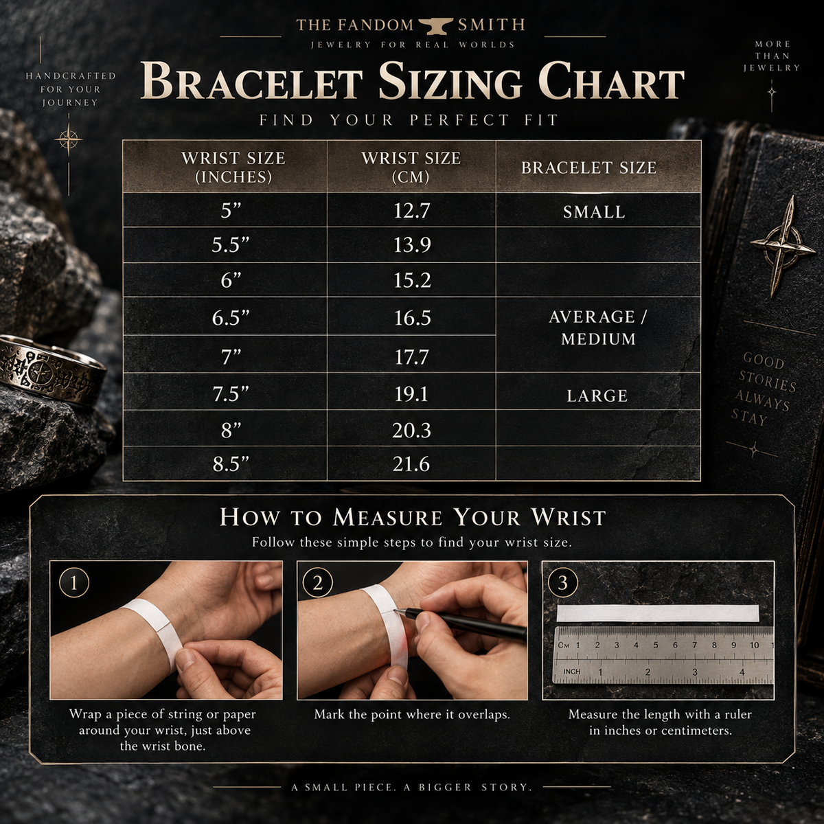 Virgo bracelet sizing chart poster with wrist measurement steps