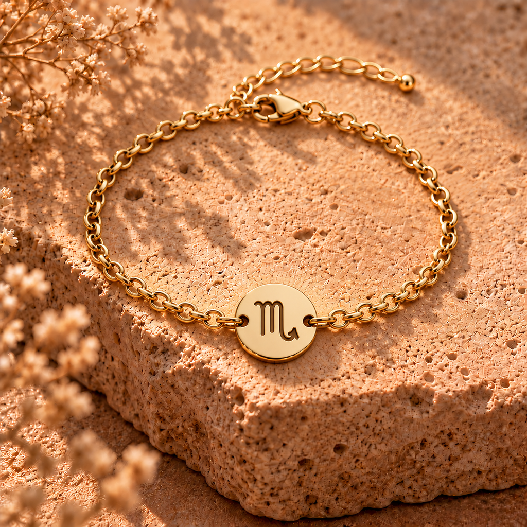 Gold chain bracelet with round Scorpio charm marked 'M'