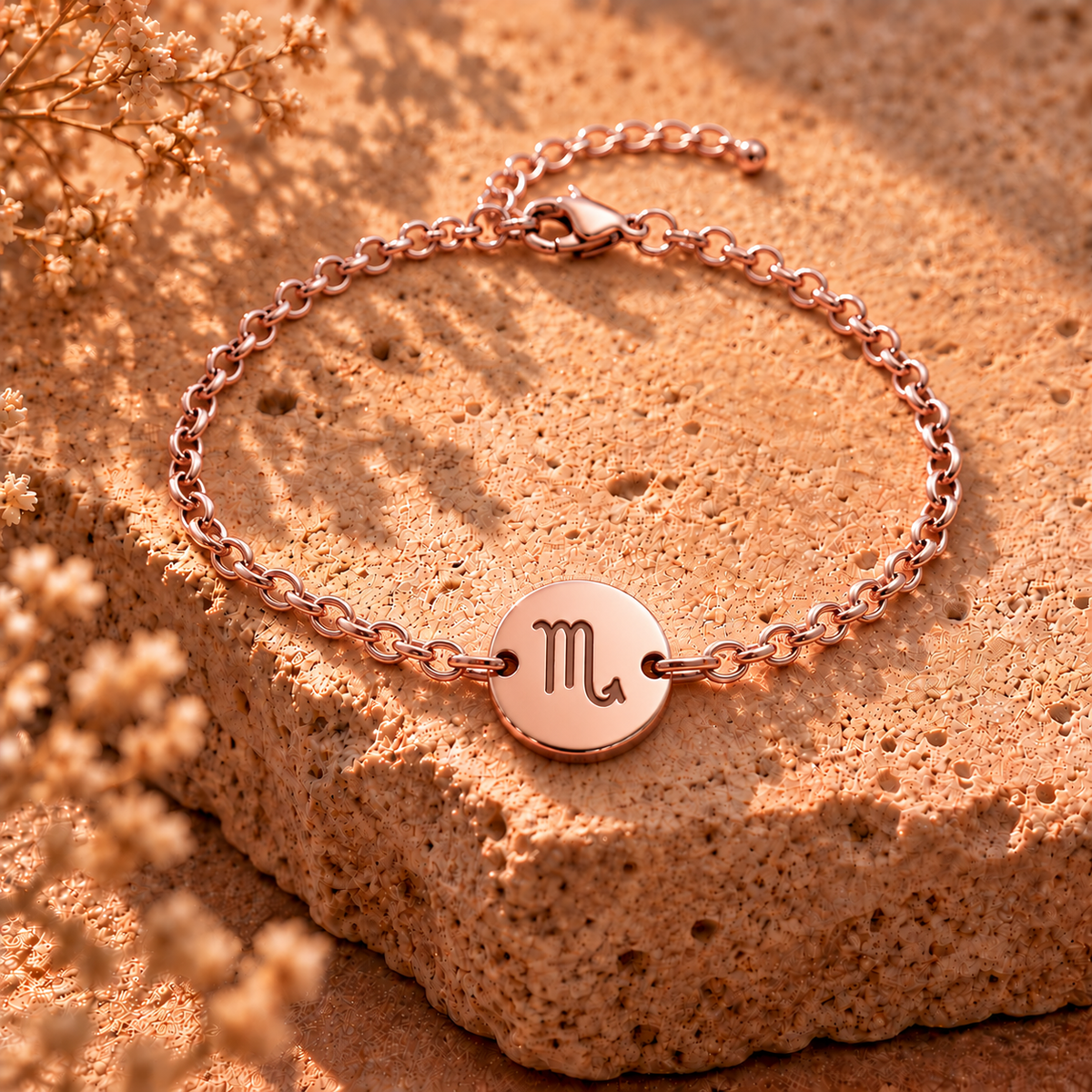 Rose gold chain bracelet with round Scorpio charm marked 'M'