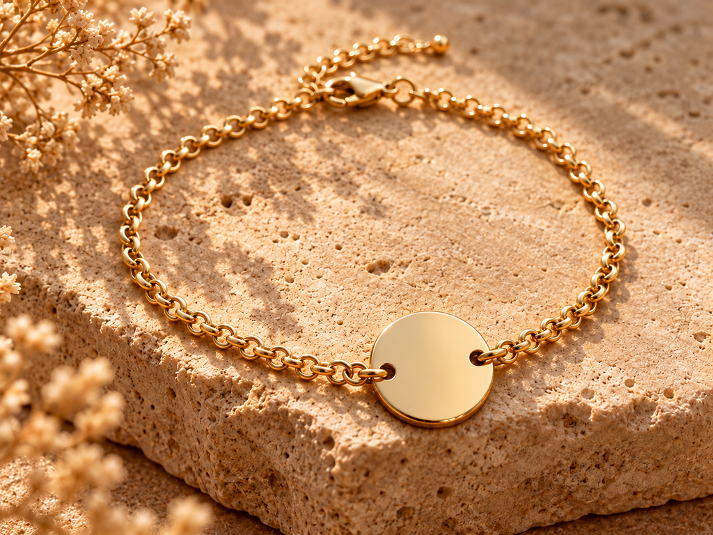 Gold-tone chain bracelet with round smooth disc charm