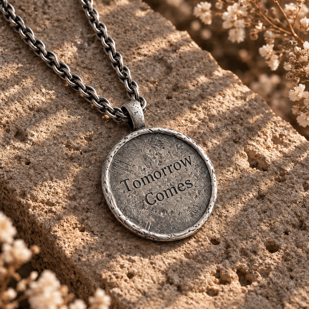 Reverse of the silver-tone Expedition 33 pendant showing the inscription Tomorrow Comes.
