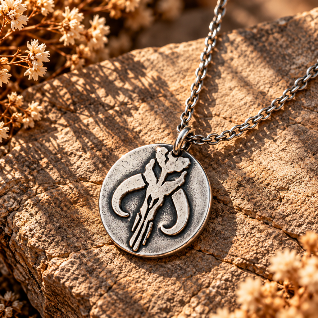 Silver round pendant necklace with mythosaur medallion and link chain