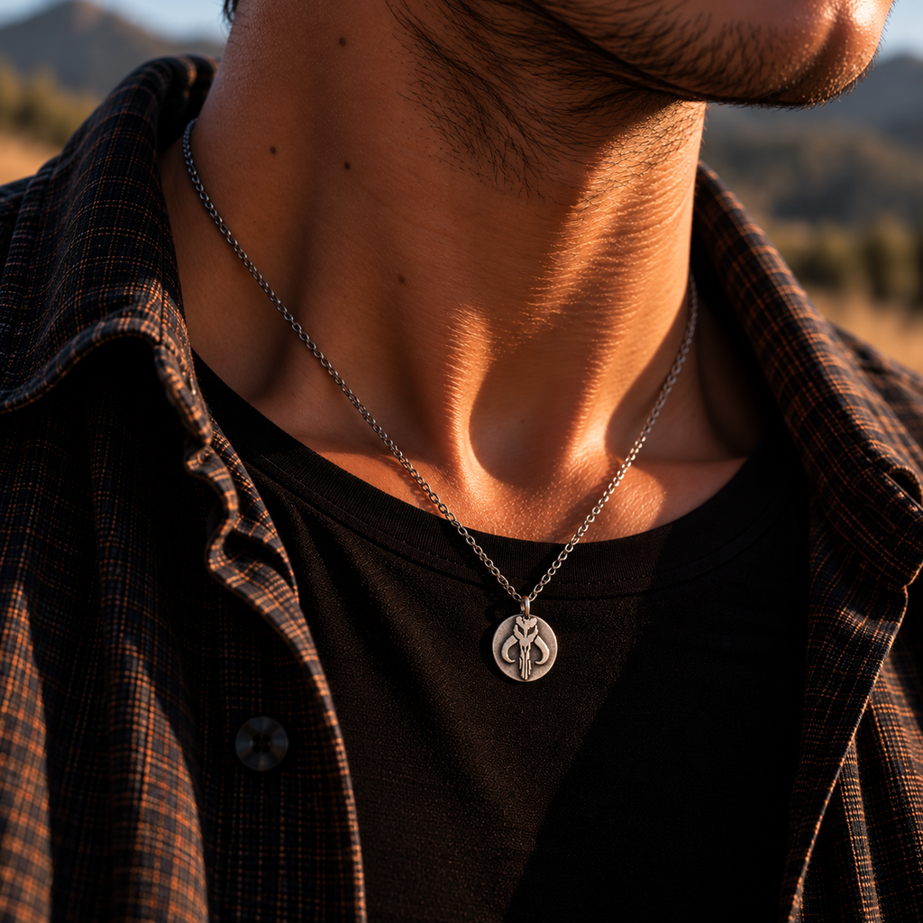Silver-toned pendant necklace on chest with mythosaur medallion charm