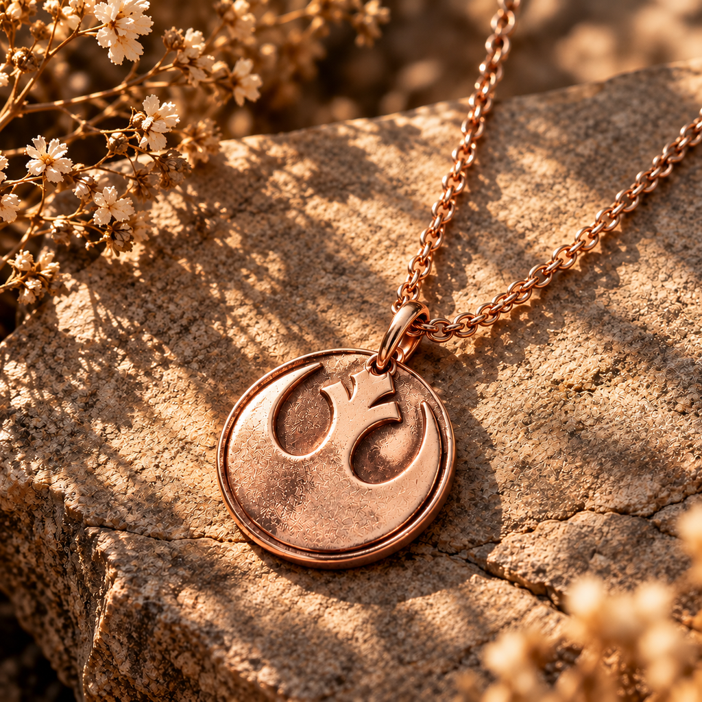 Rose-gold-tone Rebel Alliance medallion necklace on stone beside dried flowers.