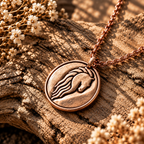 Rose-gold-tone Rohan horse crest necklace with a textured round pendant on a sunlit stone.