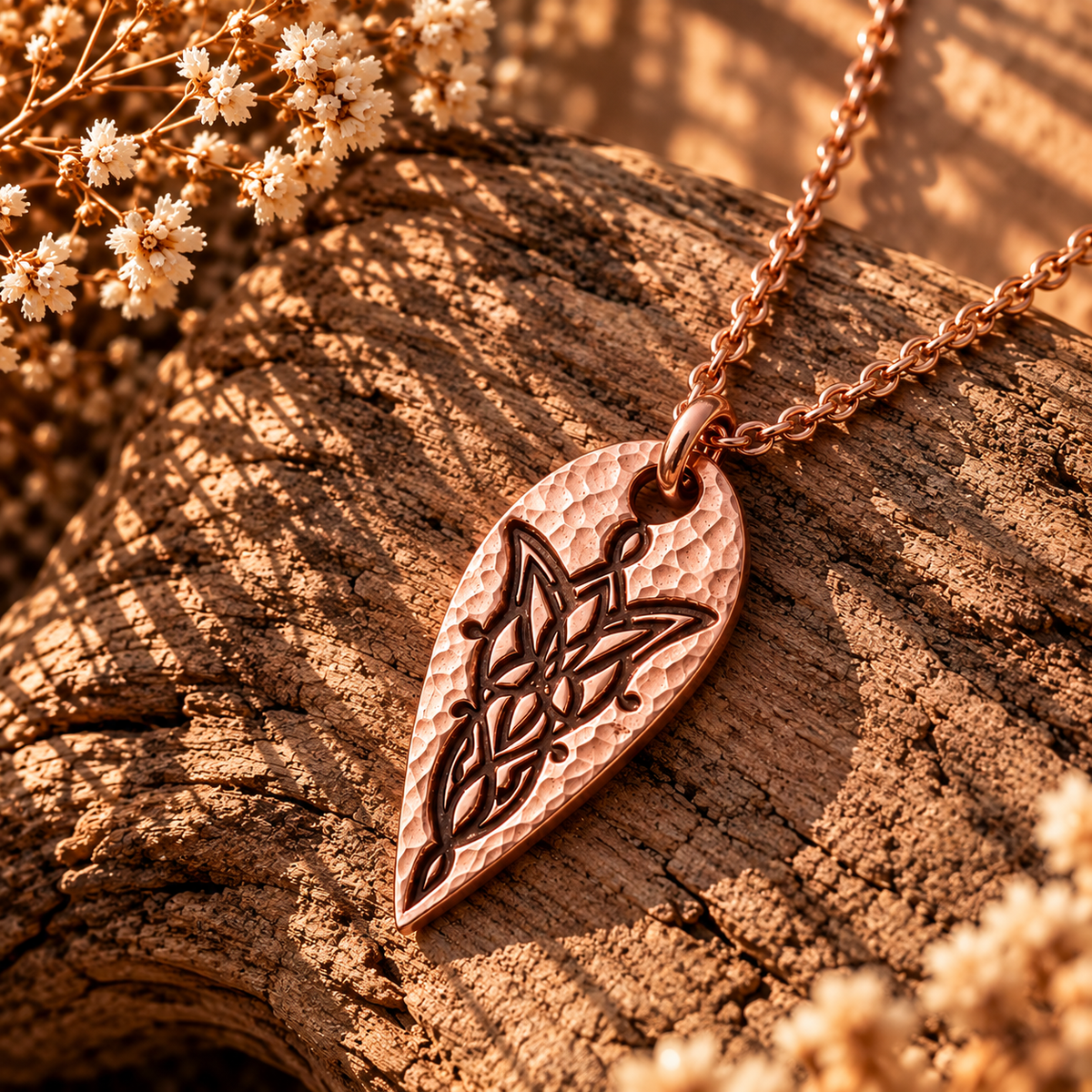 Rose-gold-tone leaf-shaped Evenstar-inspired necklace with a hammered-style texture on sunlit wood.