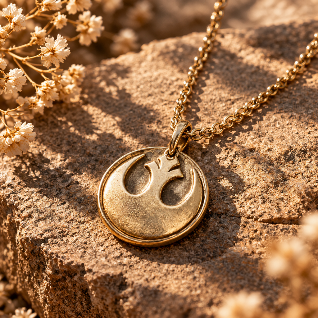 Gold-tone Rebel Alliance medallion necklace with a textured surface and circular border on stone.