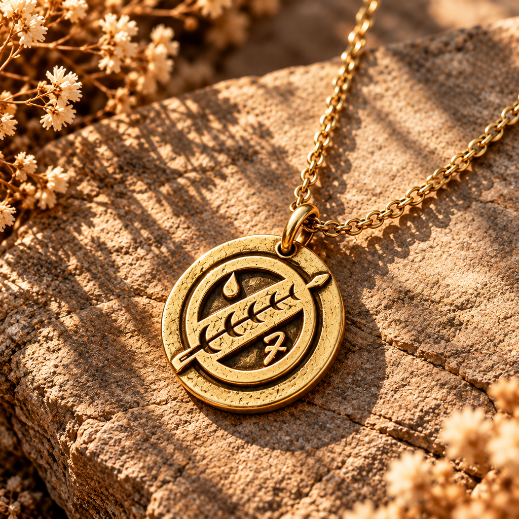 Gold-tone Boba Fett crest medallion necklace showing a raised diagonal motif and circular border on stone.