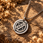 Silver-tone Boba Fett crest medallion necklace with raised details on a sunlit stone.