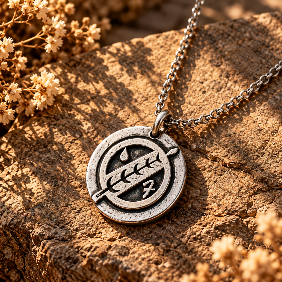 Silver-tone Boba Fett crest medallion necklace with raised details on a sunlit stone.