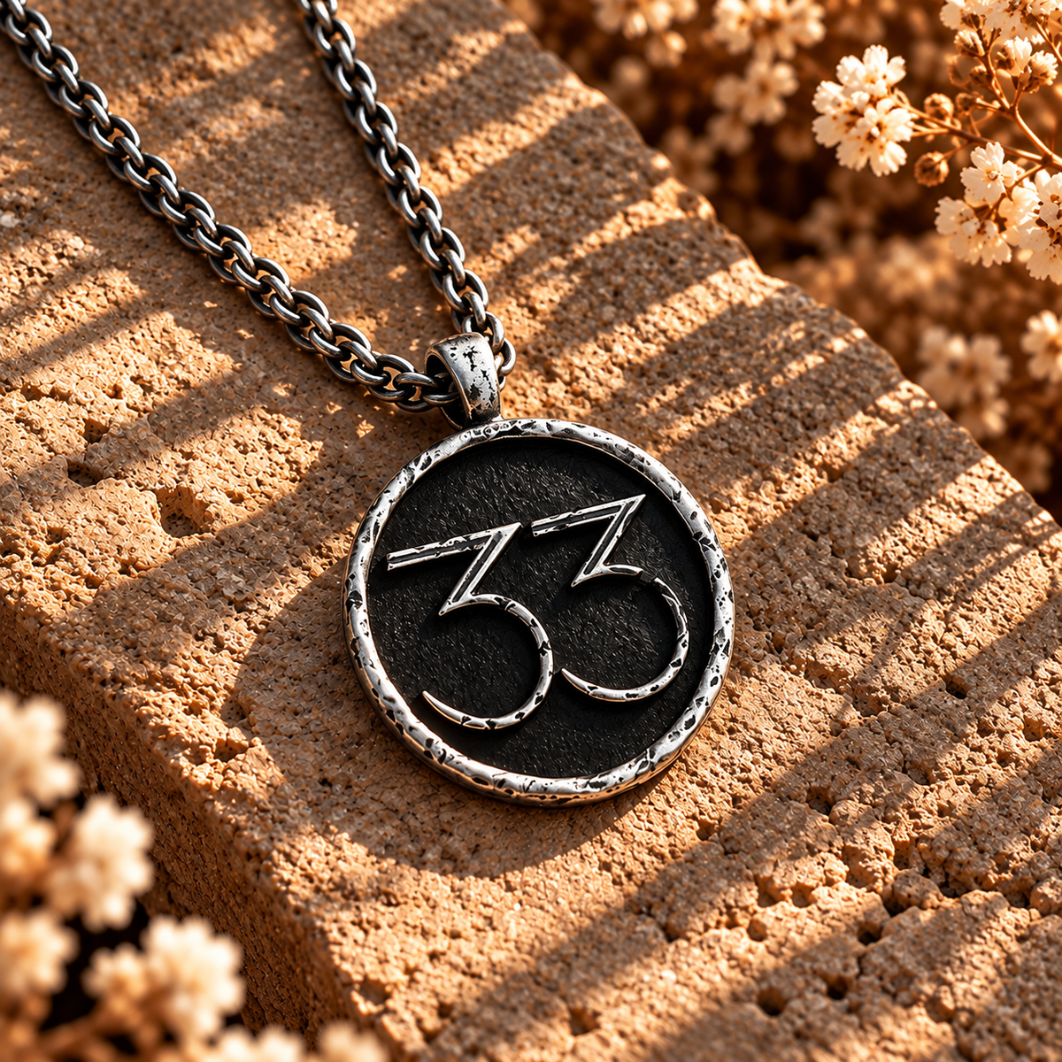 Silver-tone Expedition 33 medallion necklace with raised 33 numerals on a dark textured background.
