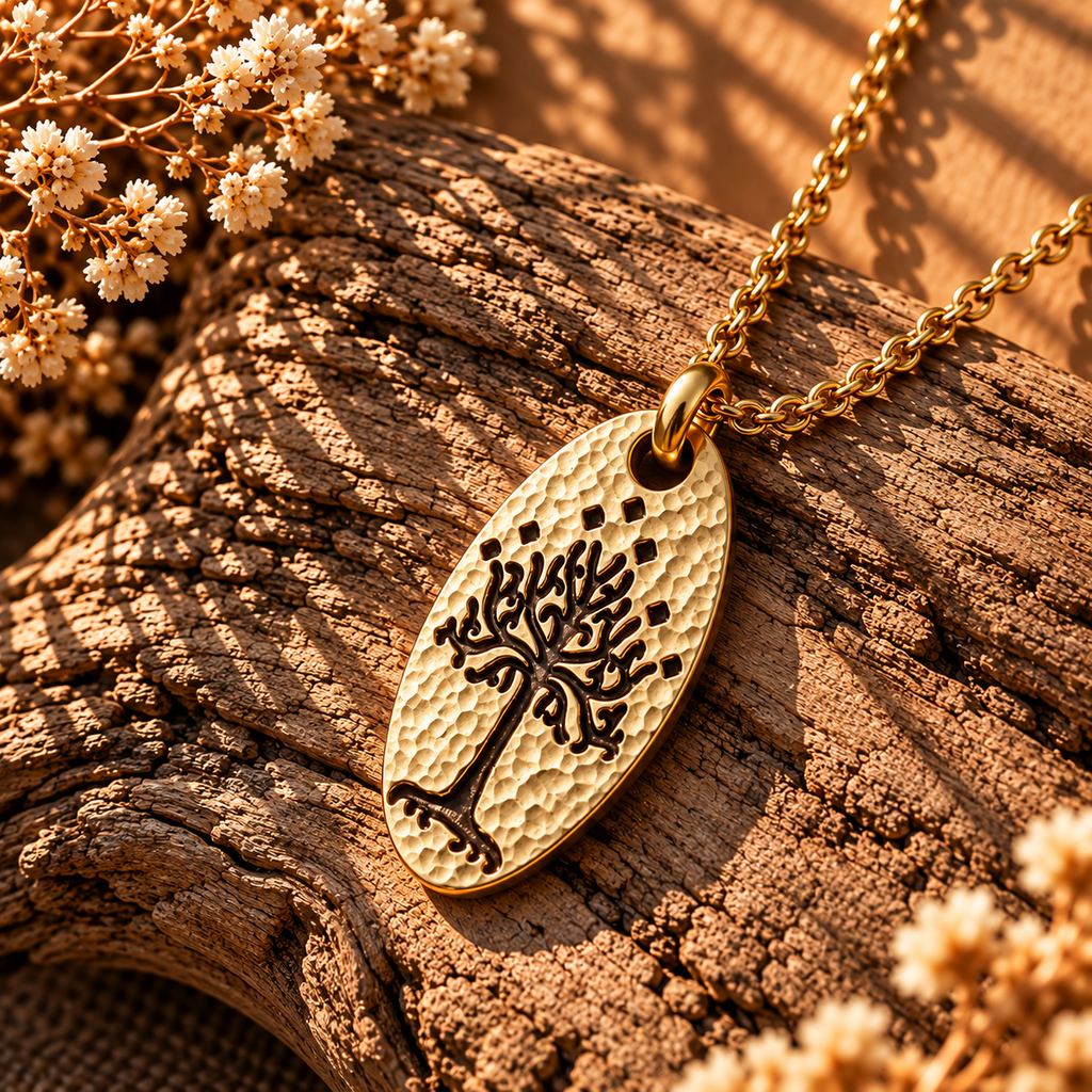 Gold-tone hammered-style White Tree of Gondor-inspired pendant with a branching tree motif on sunlit wood.
