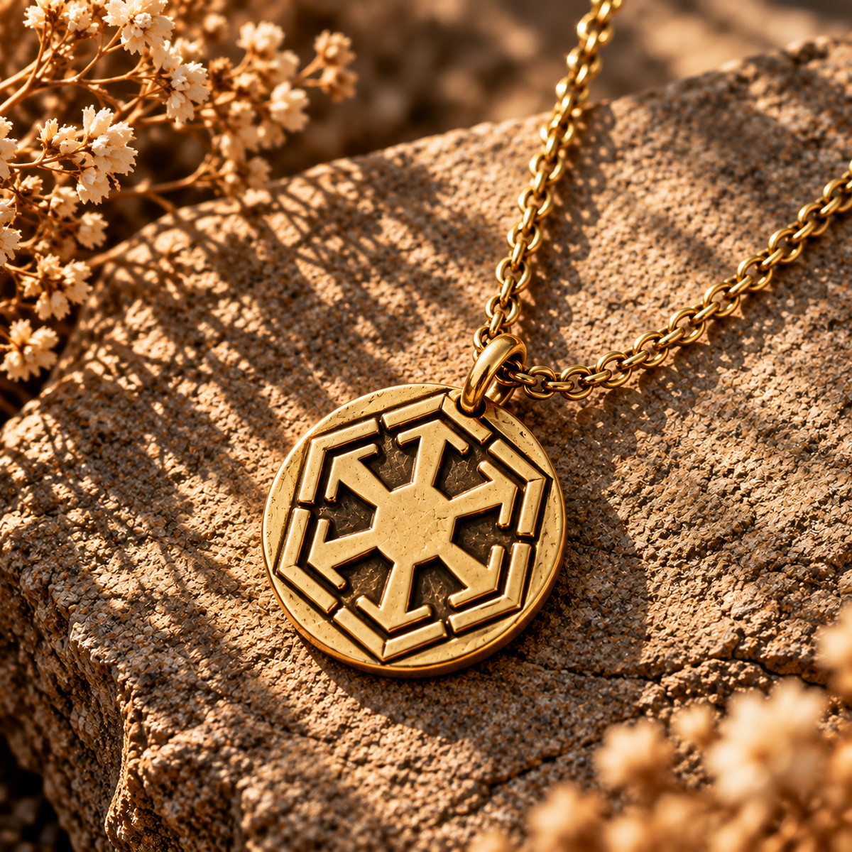 Gold round medallion pendant necklace with Sith Empire emblem