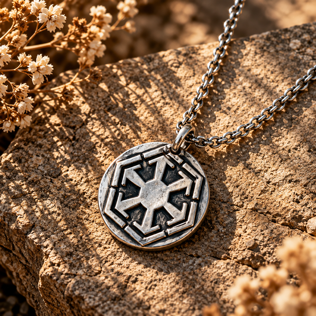 Silver-tone Sith Empire medallion necklace with a raised geometric emblem and dark recessed details on a sunlit stone.