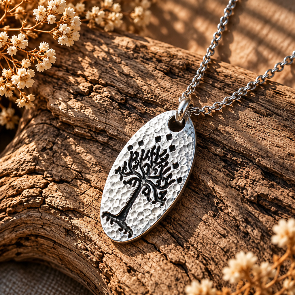 Rose-gold-tone oval White Tree of Gondor-inspired pendant with dark recessed tree details on wood.