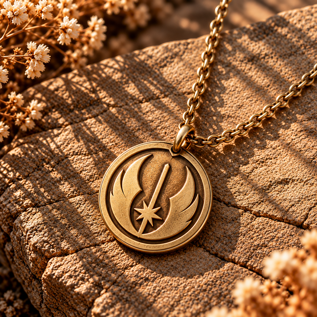 Jedi Order medallion necklace with round gold medallion pendant on chain