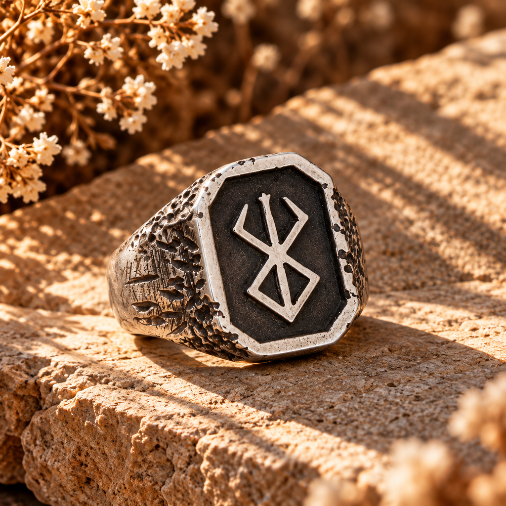 Silver rune signet ring with dark inlay and raised runic symbol.