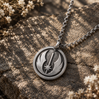Jedi Order medallion necklace with round silver crescent star pendant on chain