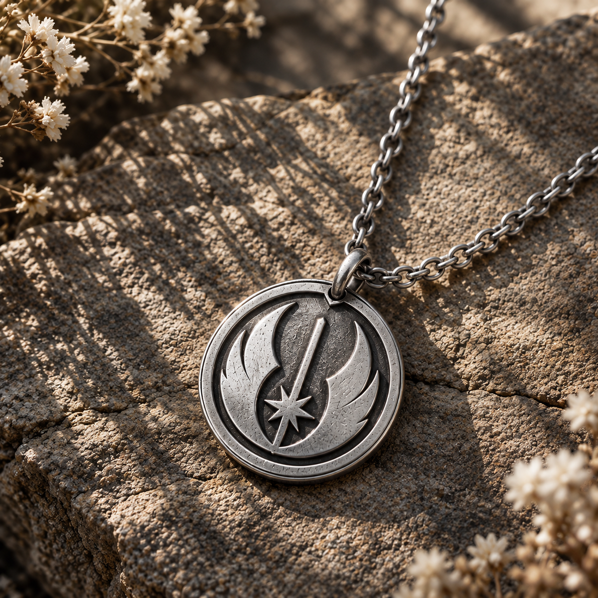 Jedi Order medallion necklace with round silver crescent star pendant on chain