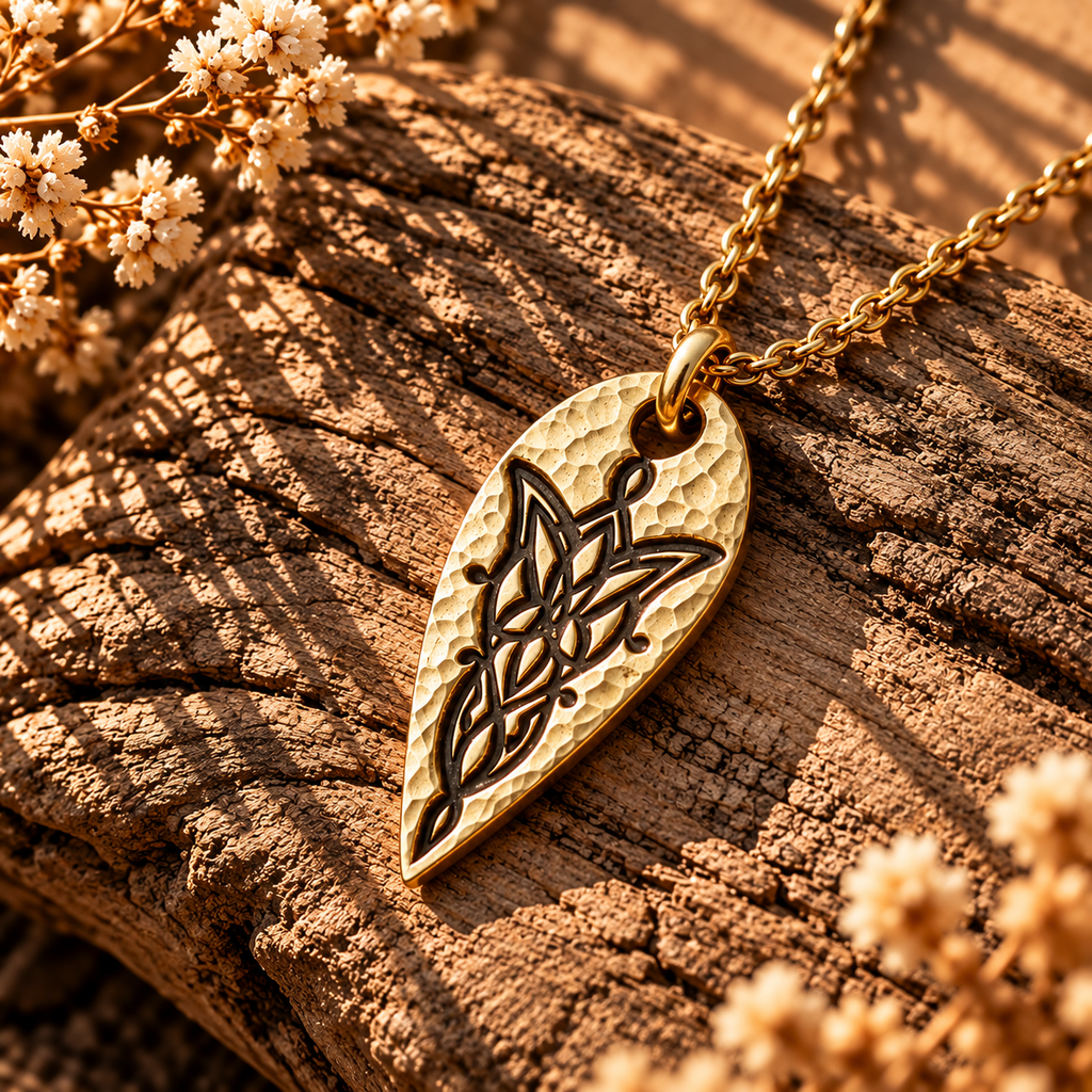 Gold-tone pointed leaf-shaped Evenstar-inspired pendant with a hammered-style surface on rustic wood.