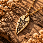 Gold-tone pointed leaf-shaped Evenstar-inspired pendant with a hammered-style surface on rustic wood.