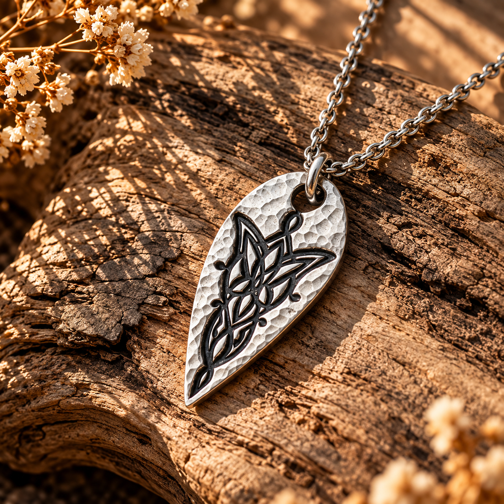 Silver-tone leaf-shaped Evenstar-inspired pendant with a hammered-style surface and dark recessed motif on wood.