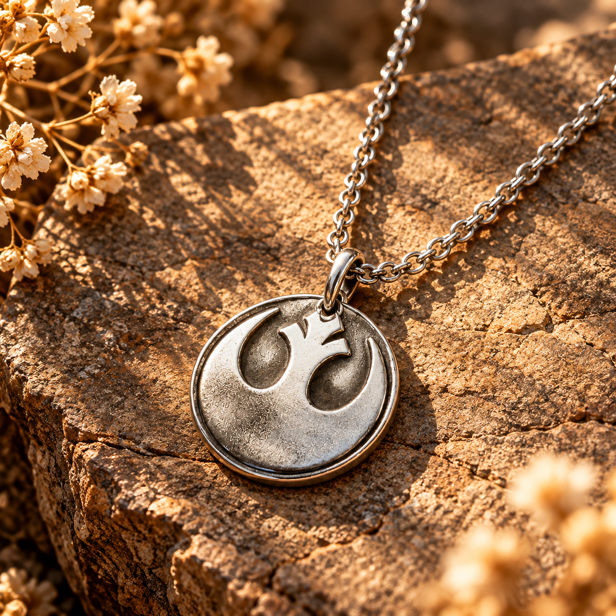 Silver-tone Rebel Alliance medallion necklace with a raised emblem on a sunlit stone.