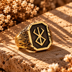 Gold rune signet ring with dark inlay and raised runic emblem.
