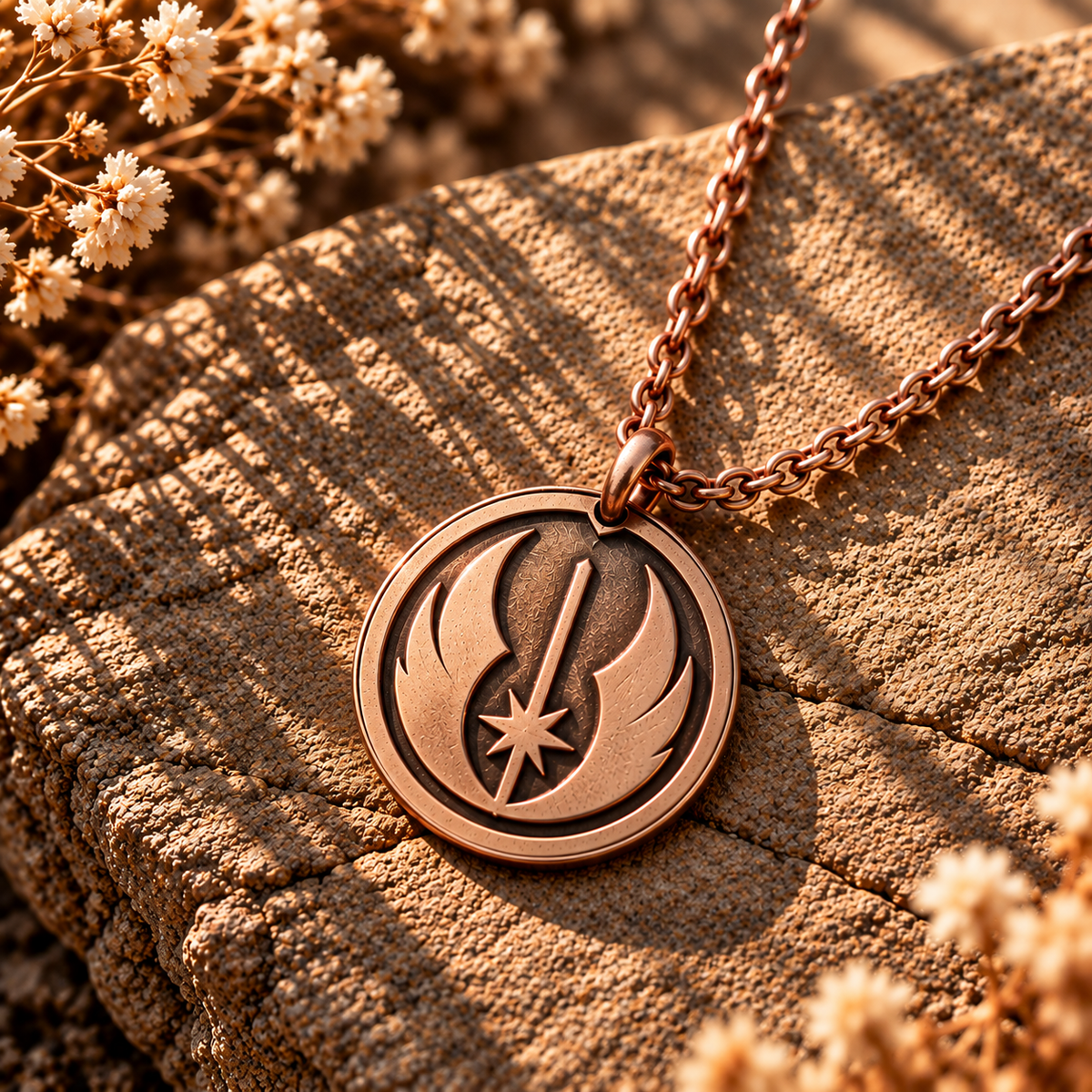 Jedi Order medallion necklace with round rose-gold pendant and chunky chain