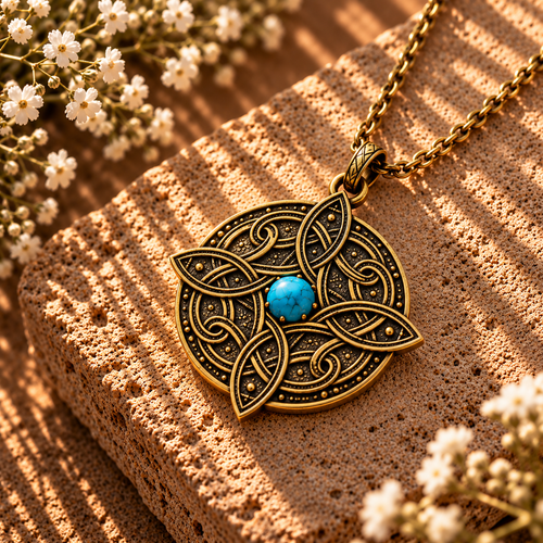 Gold Celtic knot pendant necklace with blue oval charm and chain clasp