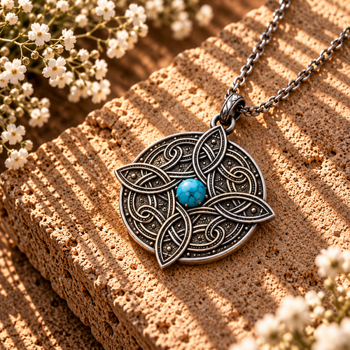 Silver Celtic knot pendant necklace with blue oval center and chain links